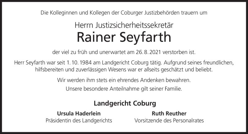  Traueranzeige für Rainer Seyfarth vom 06.09.2021 aus Neue Presse Coburg