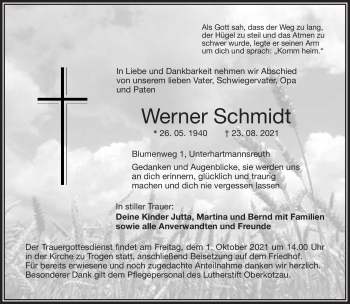 Traueranzeige von Werner Schmidt von Frankenpost