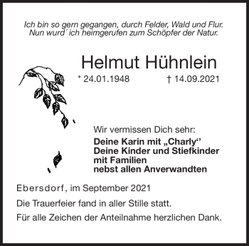 Traueranzeige von Helmut Hühnlein von Neue Presse Coburg