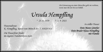 Traueranzeige von Ursula Hempfling von Frankenpost