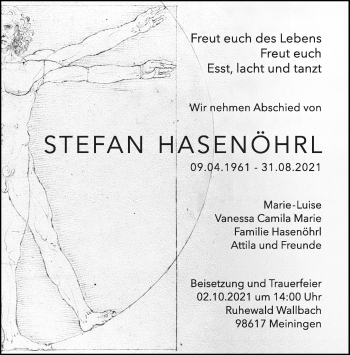 Traueranzeige von Stefan Hasenöhrl von Südthüringer Presse
