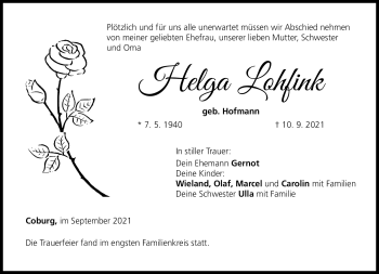 Traueranzeige von Helga Lohfink von Neue Presse Coburg