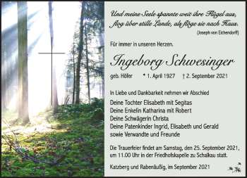 Traueranzeige von Ingeborg Schwesinger von Südthüringer Presse