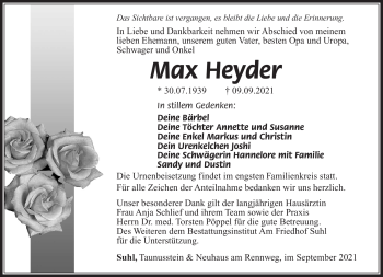 Traueranzeige von Max Heyder von Südthüringer Presse