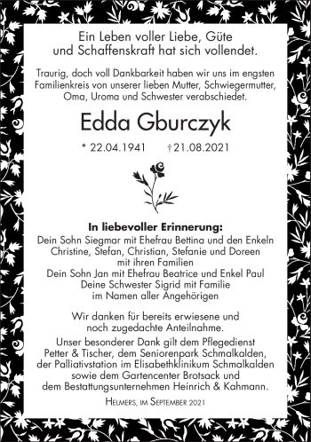 Traueranzeige von Edda Gburczyk von Südthüringer Presse