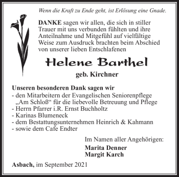 Traueranzeige von Helene Barthel von Südthüringer Presse