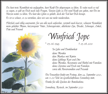 Traueranzeige von Winfried Jope von Südthüringer Presse