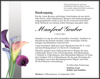 Traueranzeige von Manfred Gruber von Südthüringer Presse