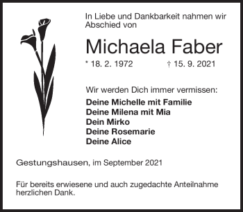Traueranzeige von Michaela Faber von Neue Presse Coburg