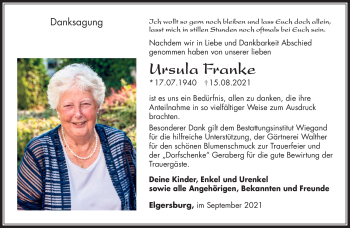 Traueranzeige von Ursula Franke von Südthüringer Presse