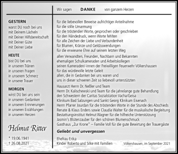 Traueranzeige von Helmut Ritter von Südthüringer Presse