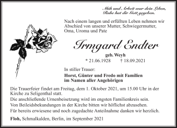 Traueranzeige von Irmgard Endter von Südthüringer Presse