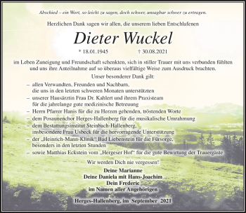 Traueranzeige von Dieter Wuckel von Südthüringer Presse