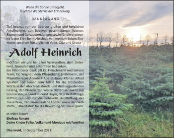 Traueranzeige von Adolf Heinrichf von Südthüringer Presse