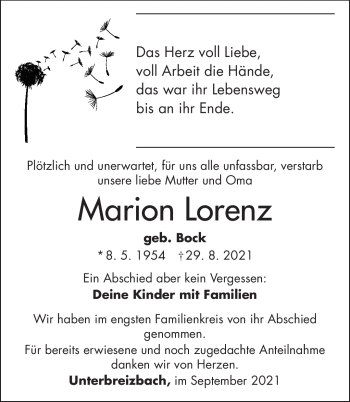 Traueranzeige von Marion Lorenz von Südthüringer Presse