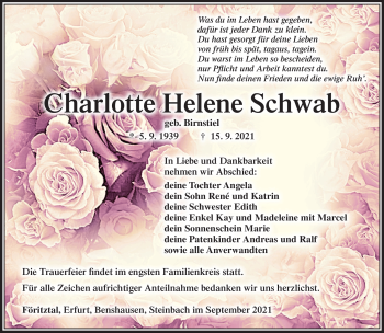 Traueranzeige von Charlotte Helene Schwab von Südthüringer Presse