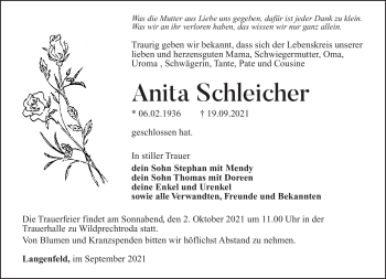 Traueranzeige von Anita Schleicher von Südthüringer Presse