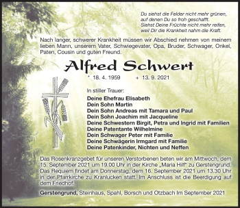 Traueranzeige von Alfred Schwert von Südthüringer Presse