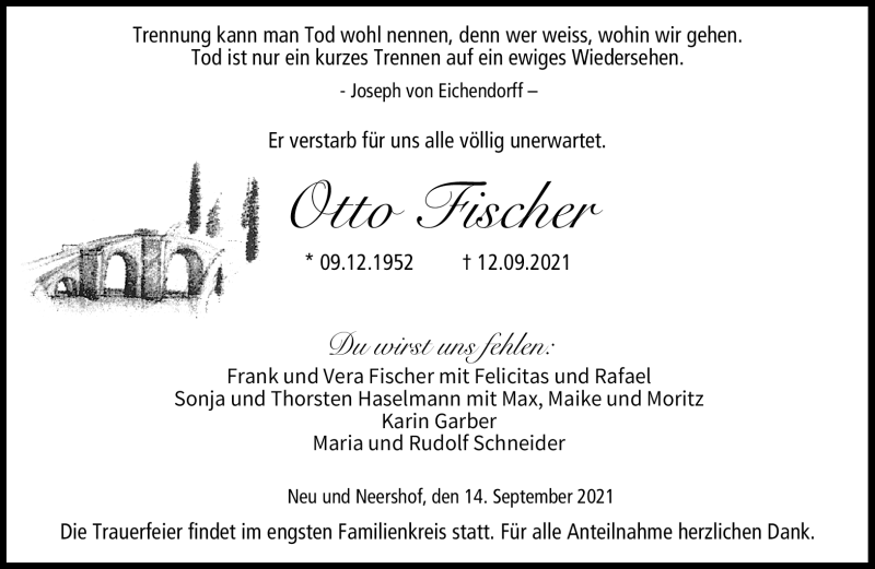  Traueranzeige für Otto Fischer vom 14.09.2021 aus Neue Presse Coburg