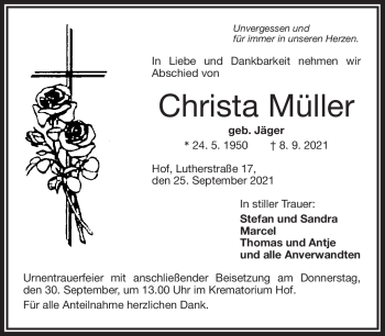 Traueranzeige von Christa Müller von Frankenpost