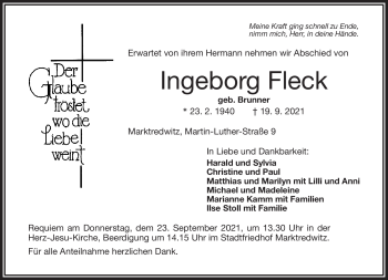 Traueranzeige von Ingeborg Fleck von Frankenpost