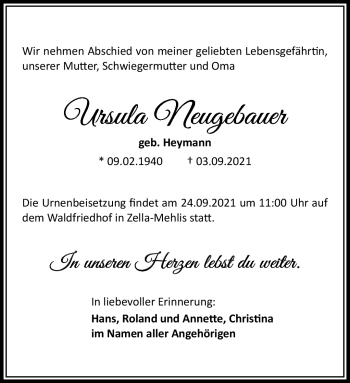 Traueranzeige von Ursula Neugebauer von Südthüringer Presse