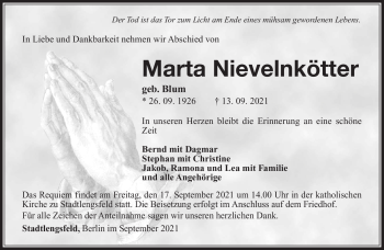 Traueranzeige von Marta Nievelnkötter von Südthüringer Presse