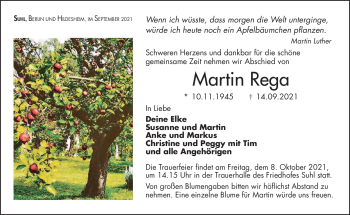 Traueranzeige von Martin Rega von Südthüringer Presse