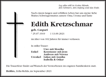 Traueranzeige von Edith Kretzschmar von Südthüringer Presse