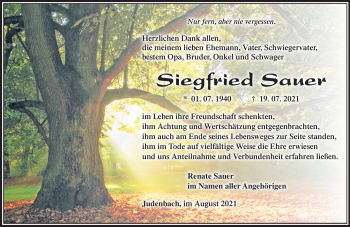 Traueranzeige von Siegfried Sauer von Südthüringer Presse
