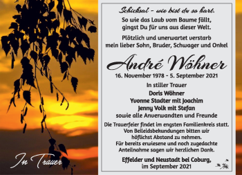 Traueranzeige von Andre Wöhner von Südthüringer Presse