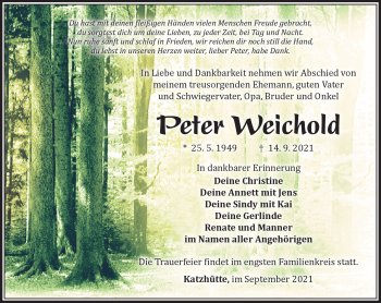 Traueranzeige von Peter Weichold von Südthüringer Presse
