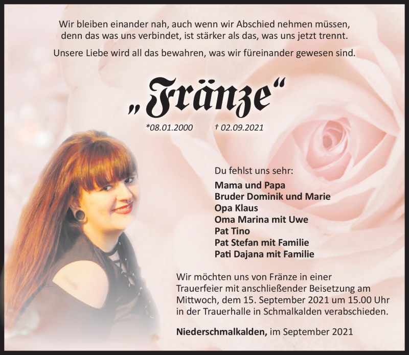  Traueranzeige für Franziska Göpel vom 11.09.2021 aus Südthüringer Presse