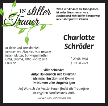 Traueranzeige von Charlotte Schröder von Südthüringer Presse