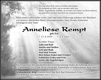 Traueranzeige von Anneliese Rempt von Südthüringer Presse