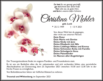 Traueranzeige von Christina Mehler von Südthüringer Presse