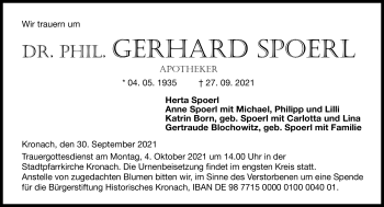 Traueranzeige von Gerhard Spoerl von Neue Presse Coburg