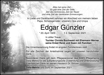 Traueranzeige von Edgar Günzler von Südthüringer Presse