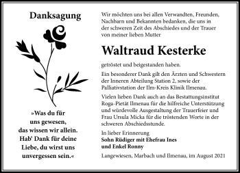 Traueranzeige von Waltraud Kesterke von Südthüringer Presse