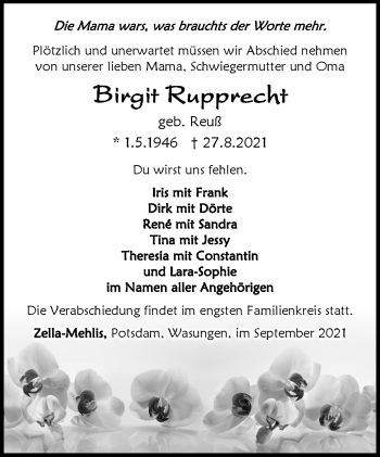 Traueranzeige von Birgit Rupprecht von Südthüringer Presse