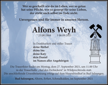 Traueranzeige von Alfons Weyh von Südthüringer Presse