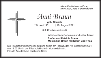 Traueranzeige von Anni Braun von Frankenpost