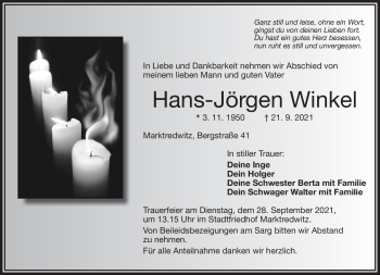 Traueranzeige von Hans-Jörgen Winkel von Frankenpost