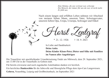 Traueranzeige von Horst Zentgraf von Südthüringer Presse