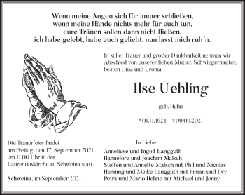 Traueranzeige von Ilse Uehling von Südthüringer Presse