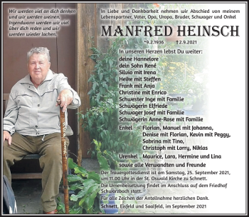 Traueranzeige von Manfred Heinsch von Südthüringer Presse