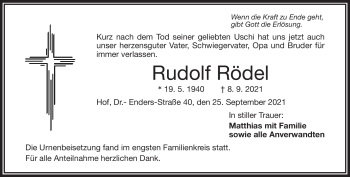 Traueranzeige von Rudolf Rödel von Frankenpost
