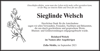 Traueranzeige von Sieglinde Welsch von Südthüringer Presse