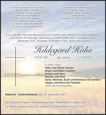 Traueranzeige von Hildegard Höhn von Neue Presse Coburg