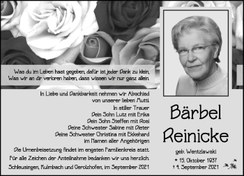 Traueranzeige von Bärbel Reinicke von Südthüringer Presse